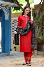 Yufta Women Maroon & Black Thread Work Pure Cotton Kurta with Trousers & With Dupatta | Grab2Buy