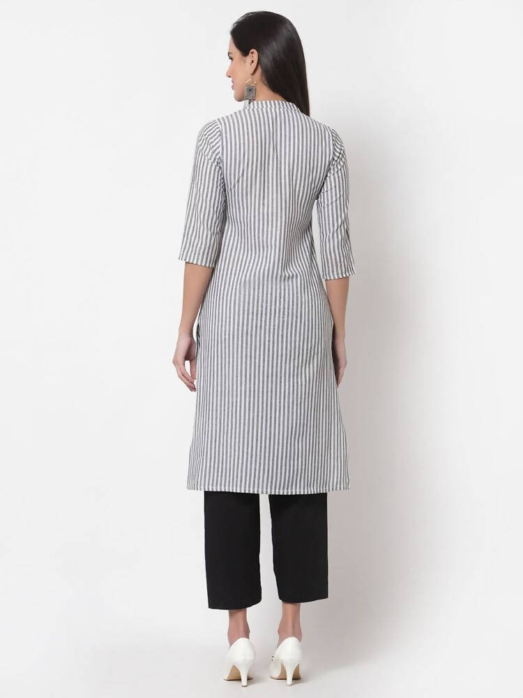 Myshka Women's Grey Cotton Stripe Pattern 3/4 Sleeve Round Neck Grey Kurti | Grab2Buy