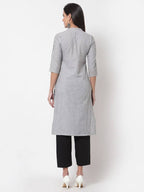 Myshka Women's Grey Cotton Stripe Pattern 3/4 Sleeve Round Neck Grey Kurti | Grab2Buy