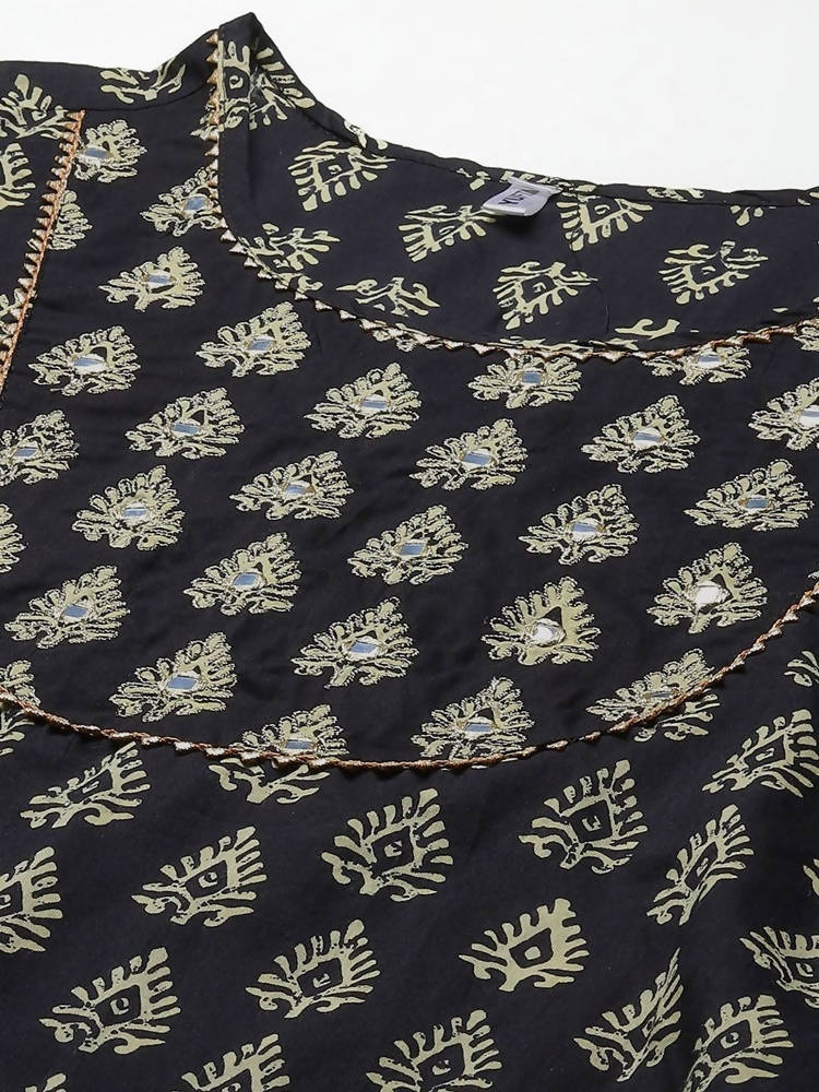 Yufta Women Black Ethnic Motifs Regular Mirror Work Pure Cotton Kurta with Trouser & With Dupatta | Grab2Buy