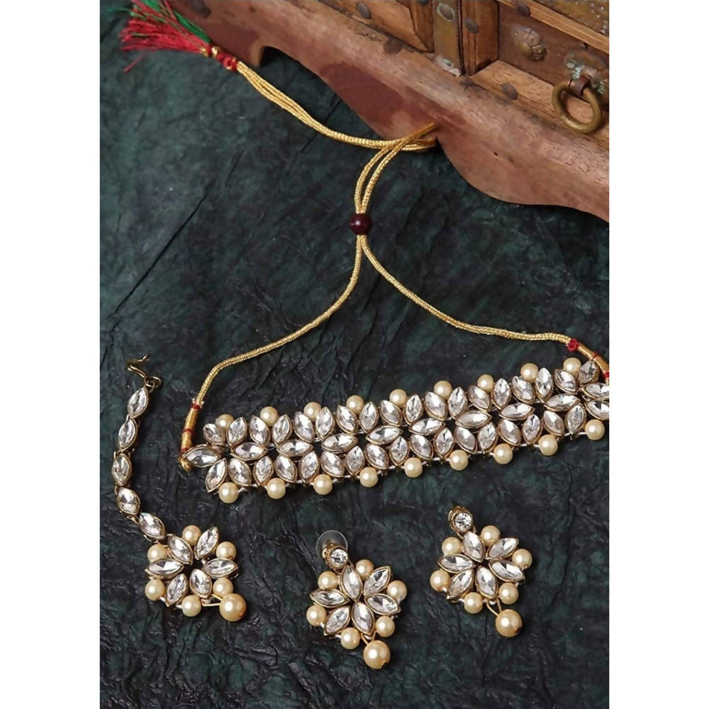 Mominos Fashion Trendy Gold-Polished with Stone & Pearls Necklace Set | Grab2Buy