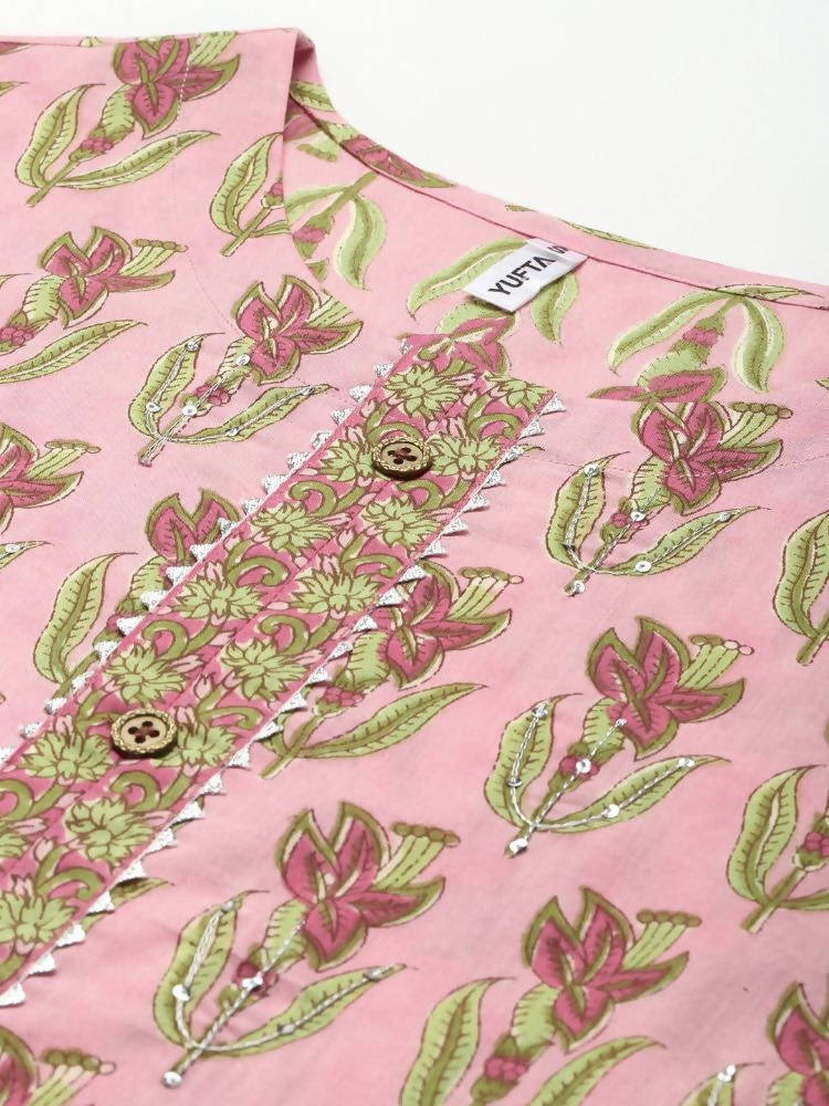 Yufta Women Pink Floral Print Aari Work Pure Cotton Kurta with Palazzo and Dupatta | Grab2Buy
