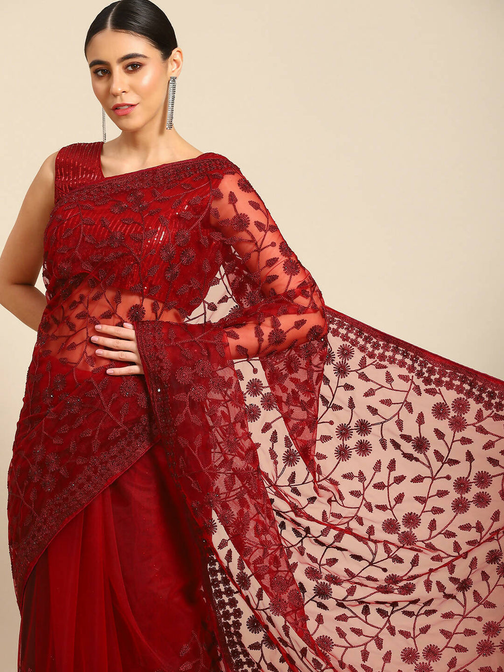 Maroon Woven Design Net Saree with Blouse Piece - Kalamkari | Grab2Buy