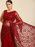 Maroon Woven Design Net Saree with Blouse Piece - Kalamkari | Grab2Buy