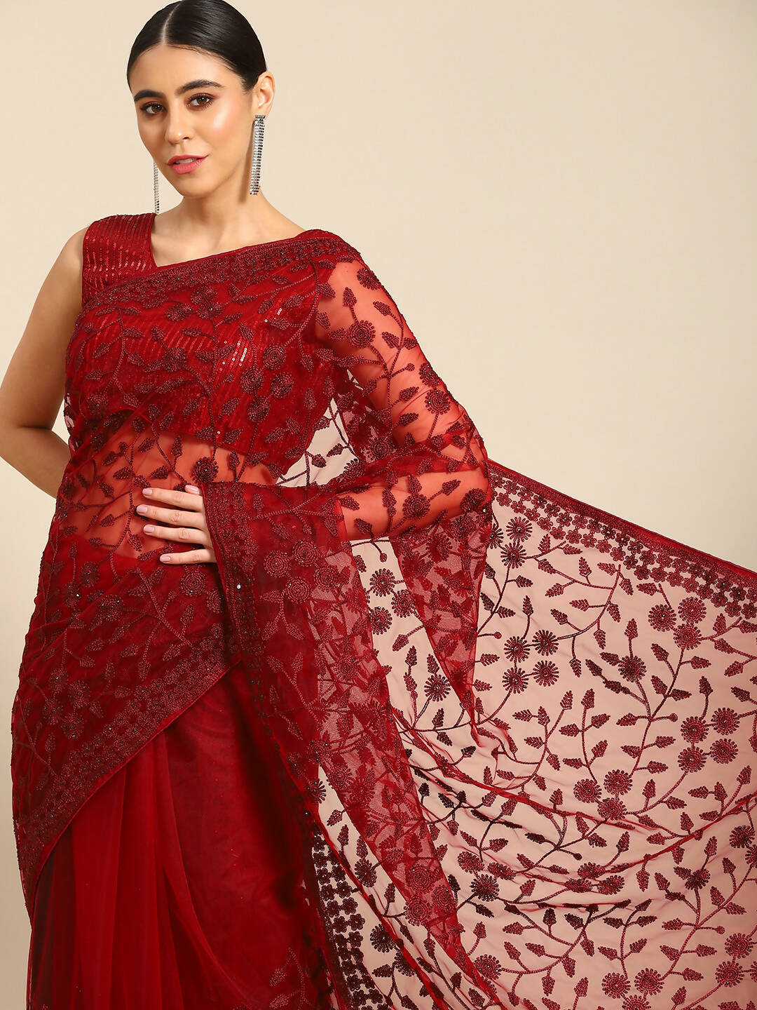 Maroon Woven Design Net Saree with Blouse Piece - Kalamkari | Grab2Buy