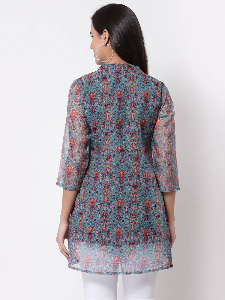 Myshka Women's Beautiful Organza Printed 3/4 Sleeve Round Neck Casual Multicolor Tunic | Grab2Buy