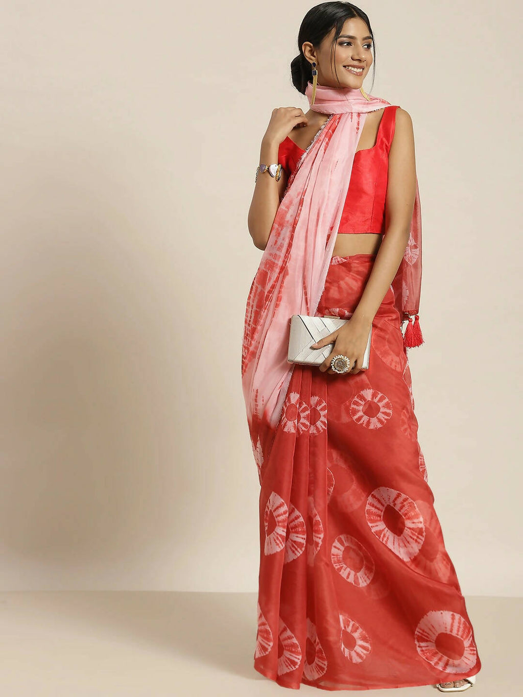 Red Organza Printed Saree With Blouse Piece - Nivaa | Grab2Buy
