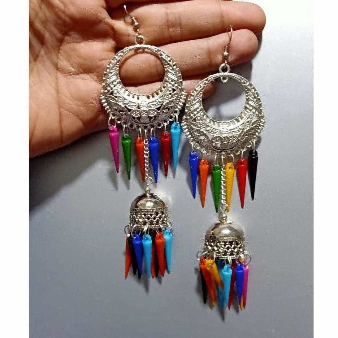 MS Fashion India Half Moon Style Silver Earrings With Hanging Chain Jhumka Multicolor Pearls Earrings | Grab2Buy