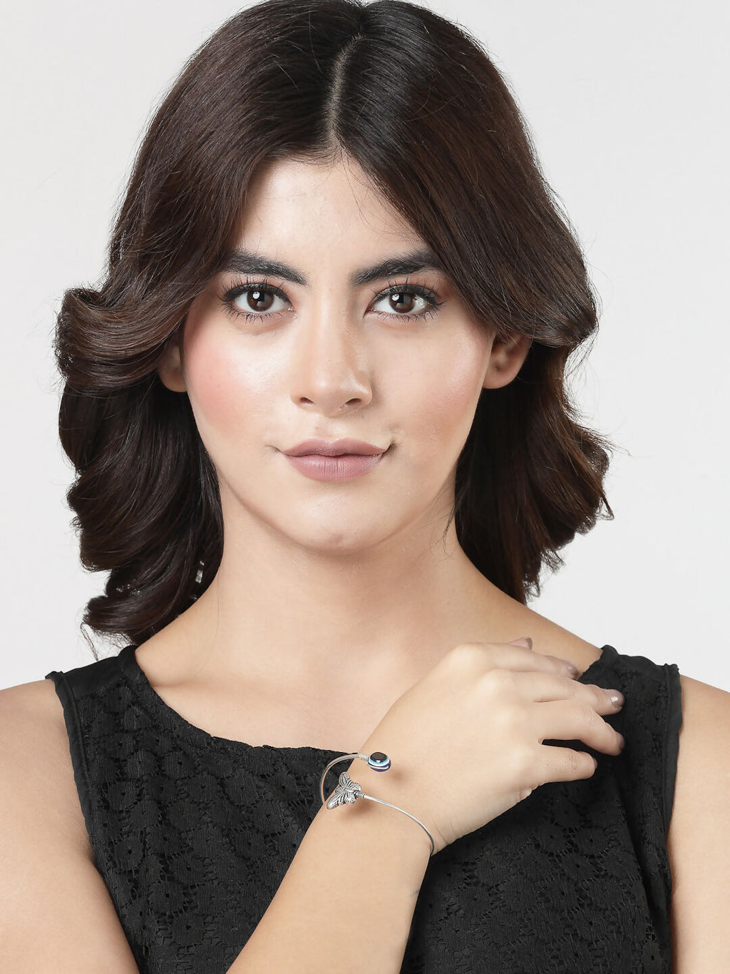 NVR Women Oxidised Rhodium-Plated Evil Eye Kada Bracelet