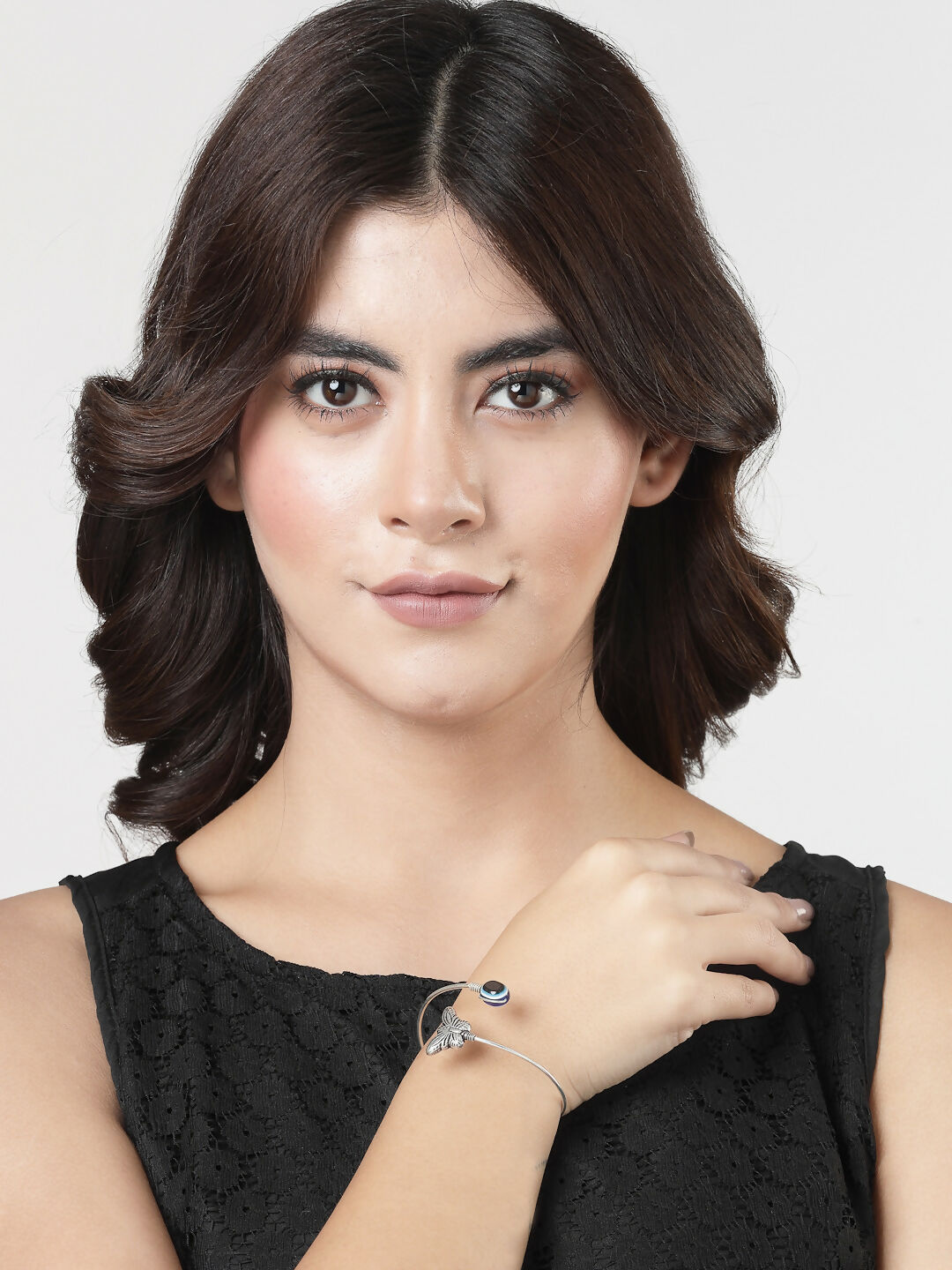NVR Women Oxidised Rhodium-Plated Evil Eye Kada Bracelet