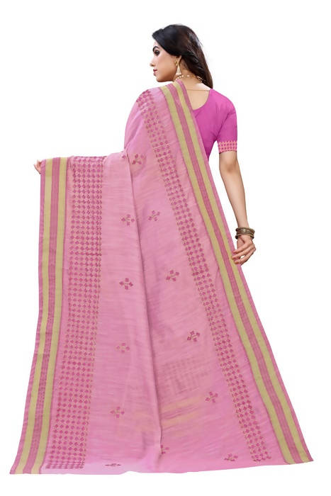 Vamika Embroidery Pink Chanderi Saree (MINI CHECKS BLUE) | Grab2Buy
