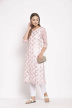Myshka Women's Multi Georgette Printed 3/4 Sleeve Round Neck Casual Kurta | Grab2Buy