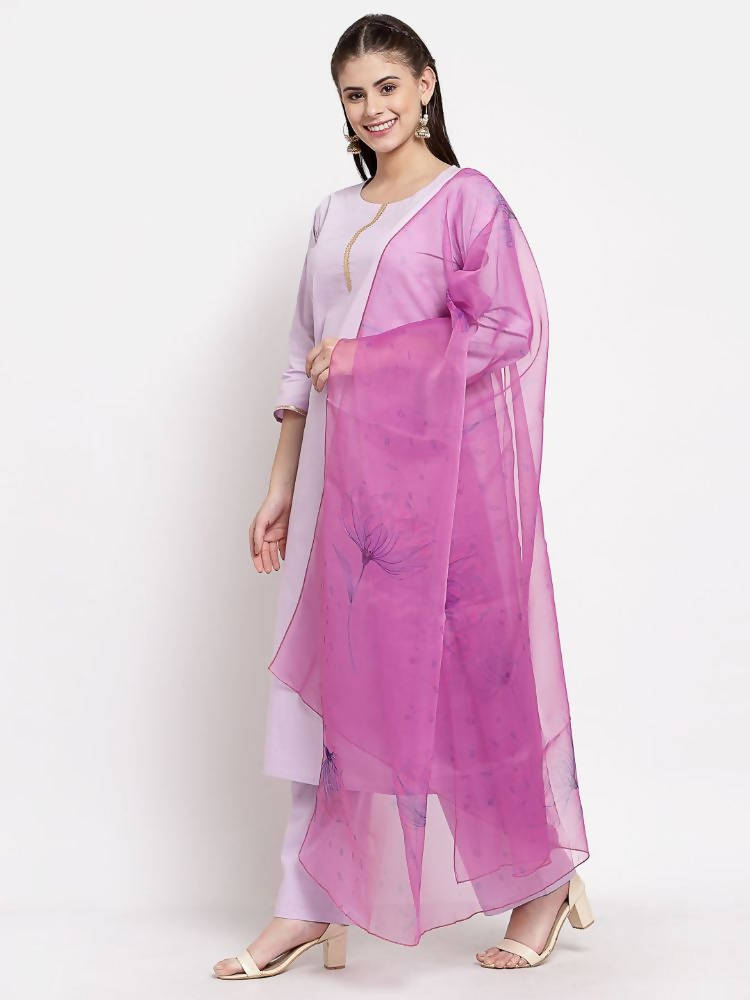 Myshka Women's Light Purple Cotton Solid 3/4 Sleeve Round Neck Casual Kurta Pant Dupatta Set | Grab2Buy