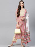 Yufta Women Pink & Yellow Handblock Printed Pure Cotton Kurta with Trouser & Dupatta | Grab2Buy