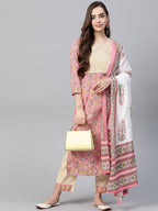 Yufta Women Pink & Yellow Handblock Printed Pure Cotton Kurta with Trouser & Dupatta | Grab2Buy