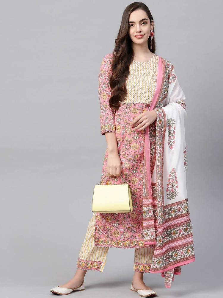 Yufta Women Pink & Yellow Handblock Printed Pure Cotton Kurta with Trouser & Dupatta | Grab2Buy
