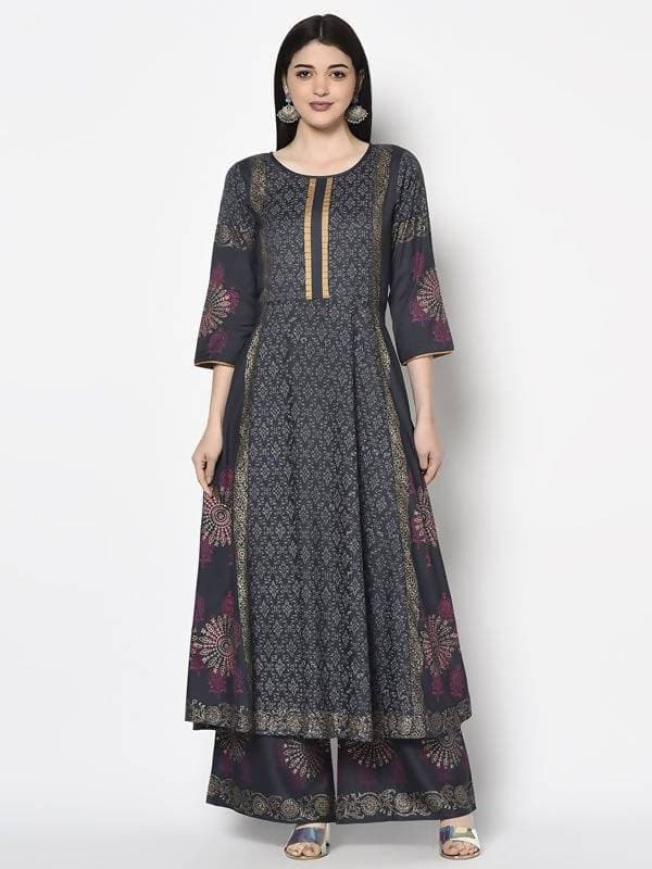 Aniyah Rayon Dark Grey Color Block Print Anarkali Kurta (AN-200K) | Grab2Buy