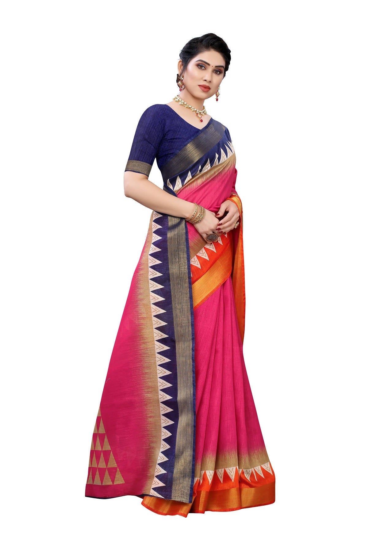 Vamika Pink & Blue Linen Jari Border Saree (GUNJAN PINK) | Grab2Buy