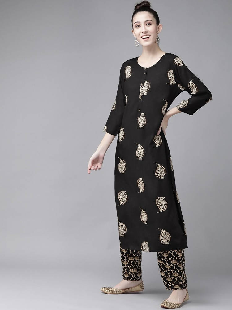 Yufta Women Black & Cream-Coloured Screen Printed Kurta with Trouser | Grab2Buy