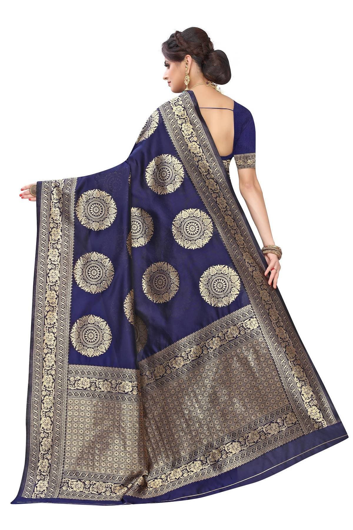Vamika Traditional Banarasi Jacquard Weaving Navy Blue Saree | Grab2Buy