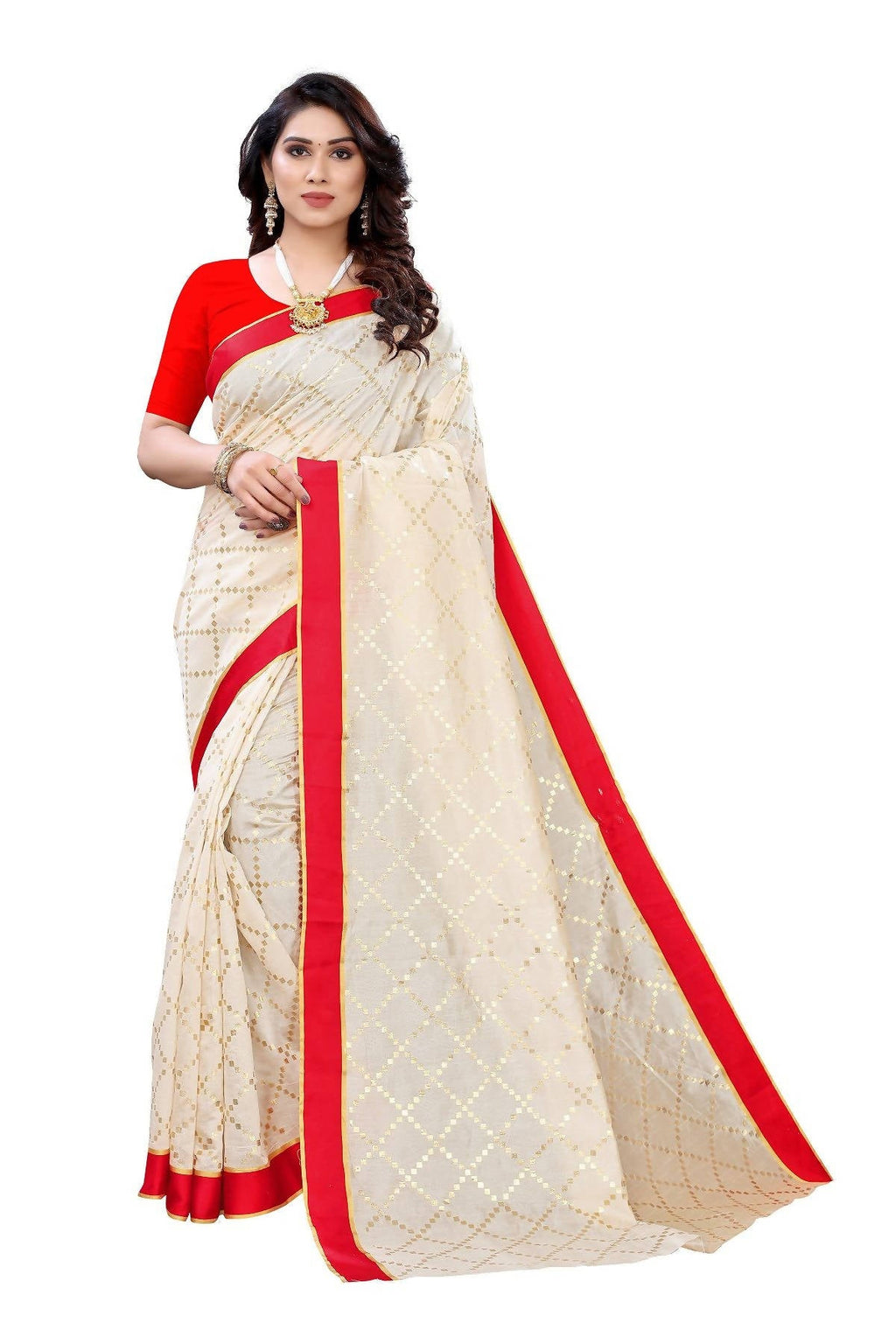 Vamika Cream Linen Foil Print Saree (YOGI CREAM) | Grab2Buy