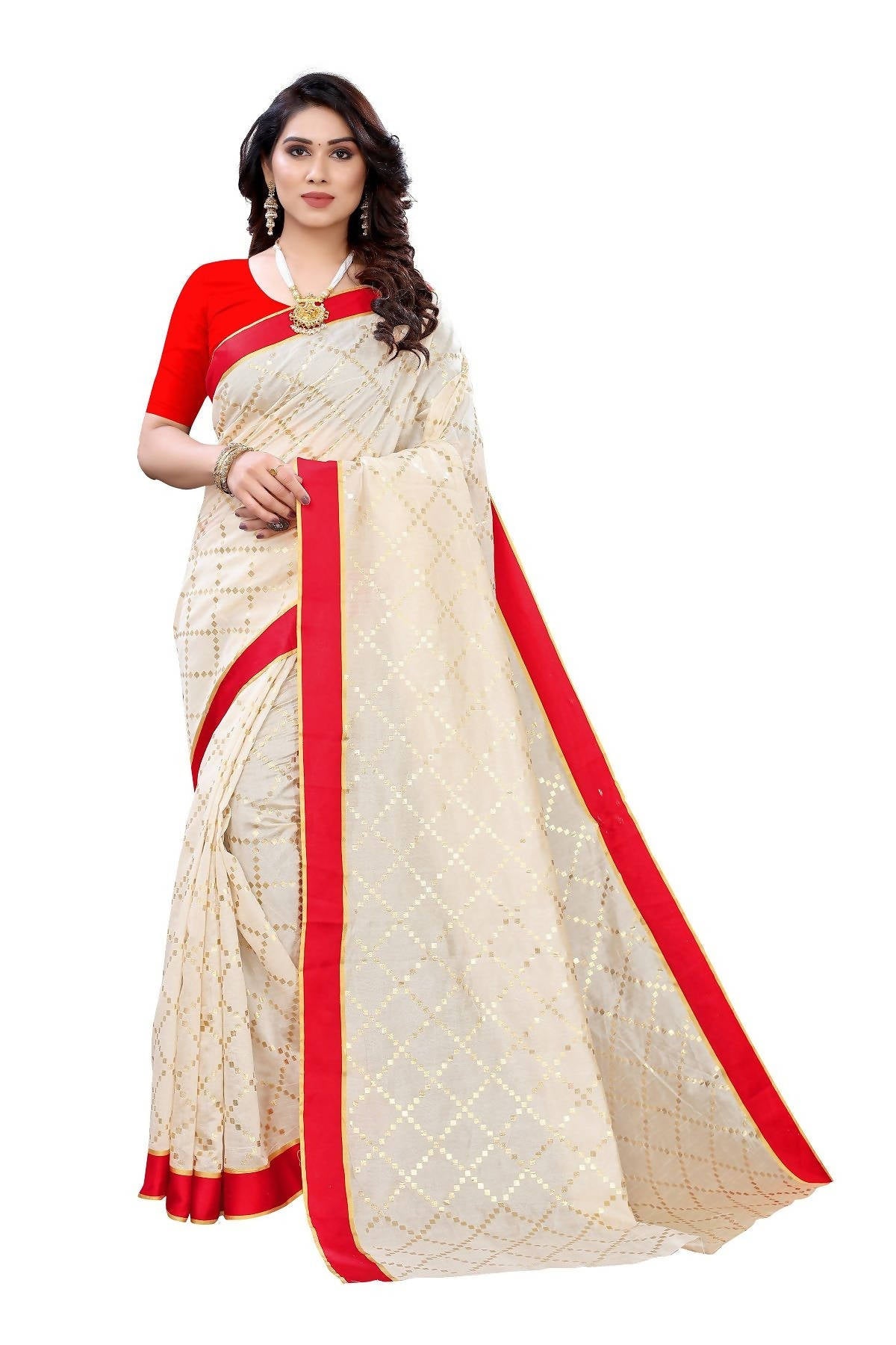 Vamika Cream Linen Foil Print Saree (YOGI CREAM) | Grab2Buy