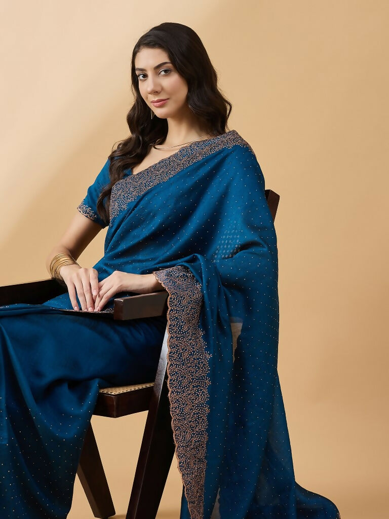 Blue Silk Blend Embroidered Saree with Unstitched Blouse - Vairagi | Grab2Buy