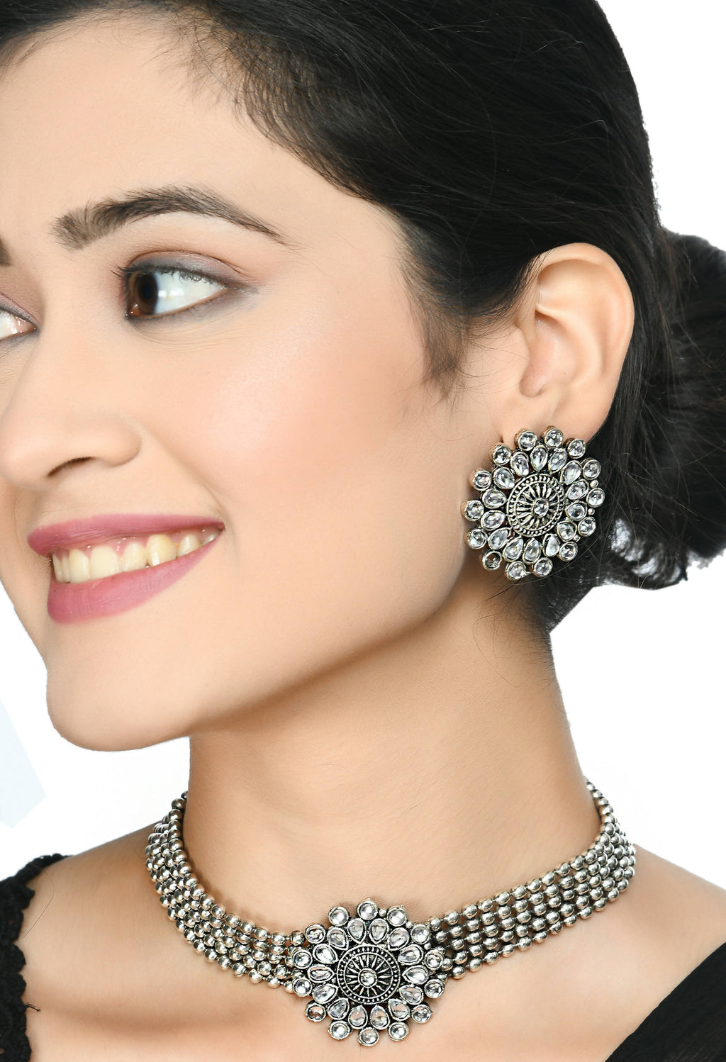 Mominos Fashion Johar Kamal Oxidised Silver-Plated Brass Finish Kundan Choker For Women (Silver) | Grab2Buy
