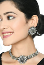 Mominos Fashion Johar Kamal Oxidised Silver-Plated Brass Finish Kundan Choker For Women (Silver) | Grab2Buy