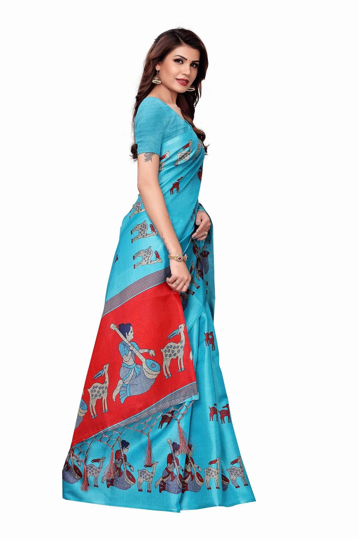 Vamika Sky Blue Kalamkari With Jhalar Khadi Silk Saree | Grab2Buy