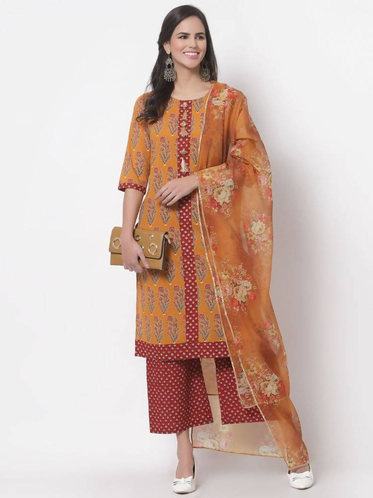 Myshka Women's Cotton Printed 3/4 Sleeve Round Neck Casual Multicolor Kurta Pant Dupatta Set | Grab2Buy