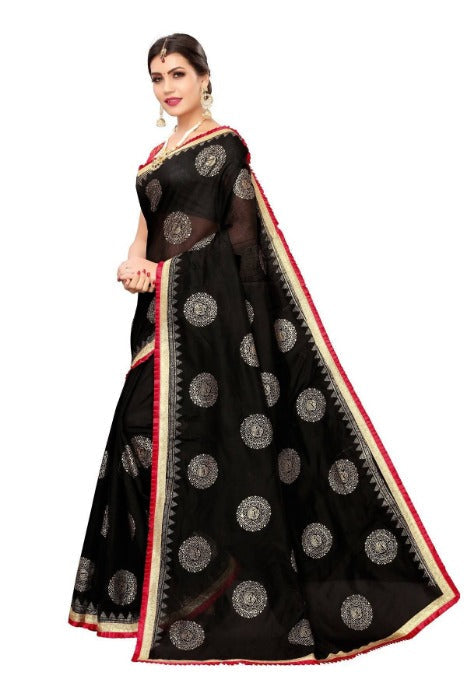 Vamika Chanderi Cotton Foil Print Black Saree (GOLDEN BIRD BLACK) | Grab2Buy