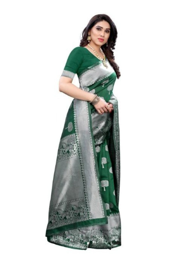 Vamika Banarasi Jacquard Weaving Green Saree (AMEE GREEN) | Grab2Buy