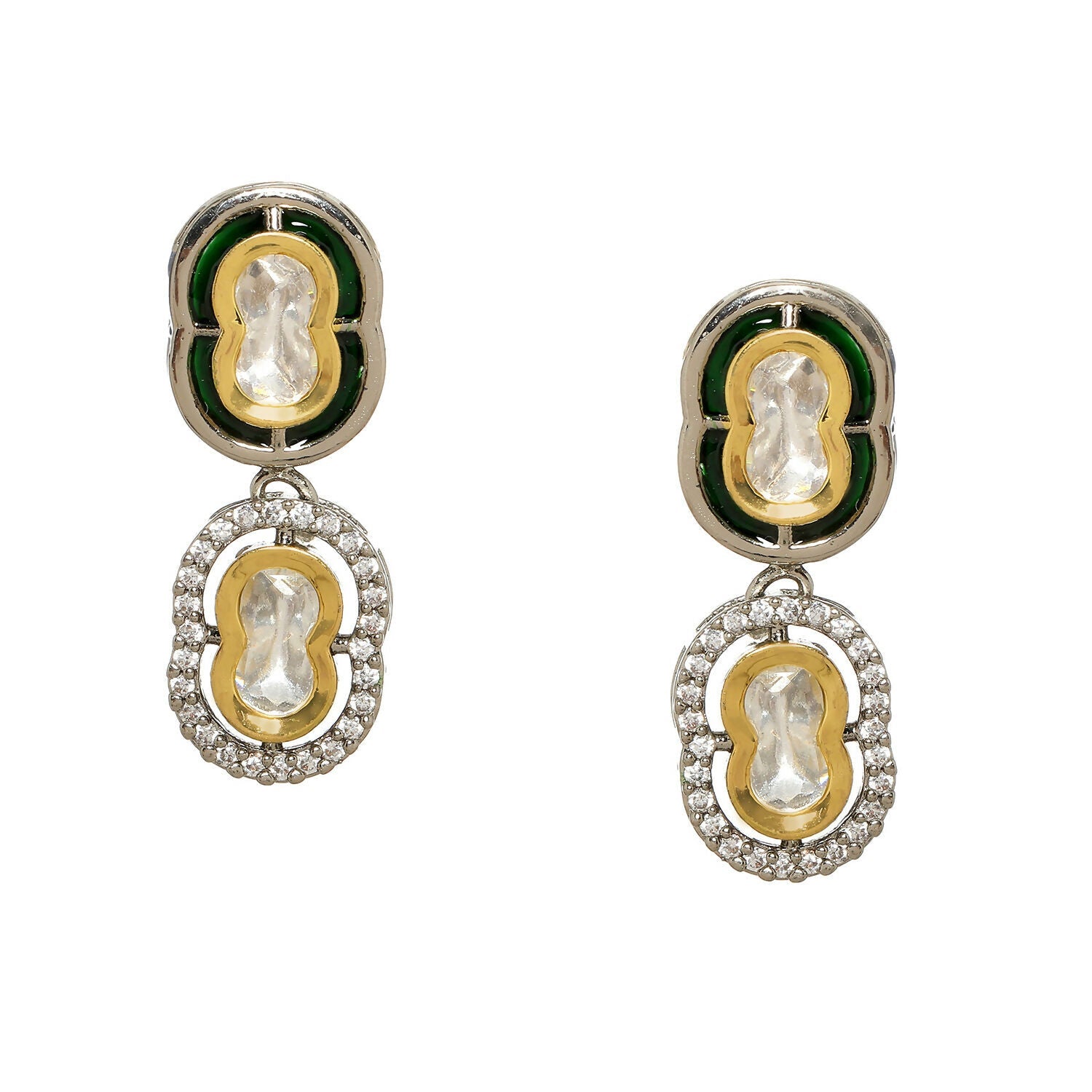 Double Mufli (peanut) Meenakari and Diamond Earrings (Silver) - Ruby Raang | Grab2Buy