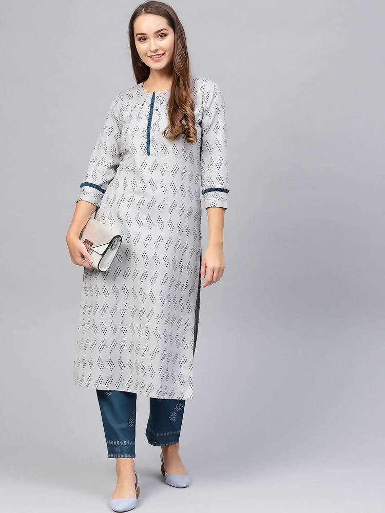 Yufta Women Grey & Navy Printed Kurta with Trouser | Grab2Buy