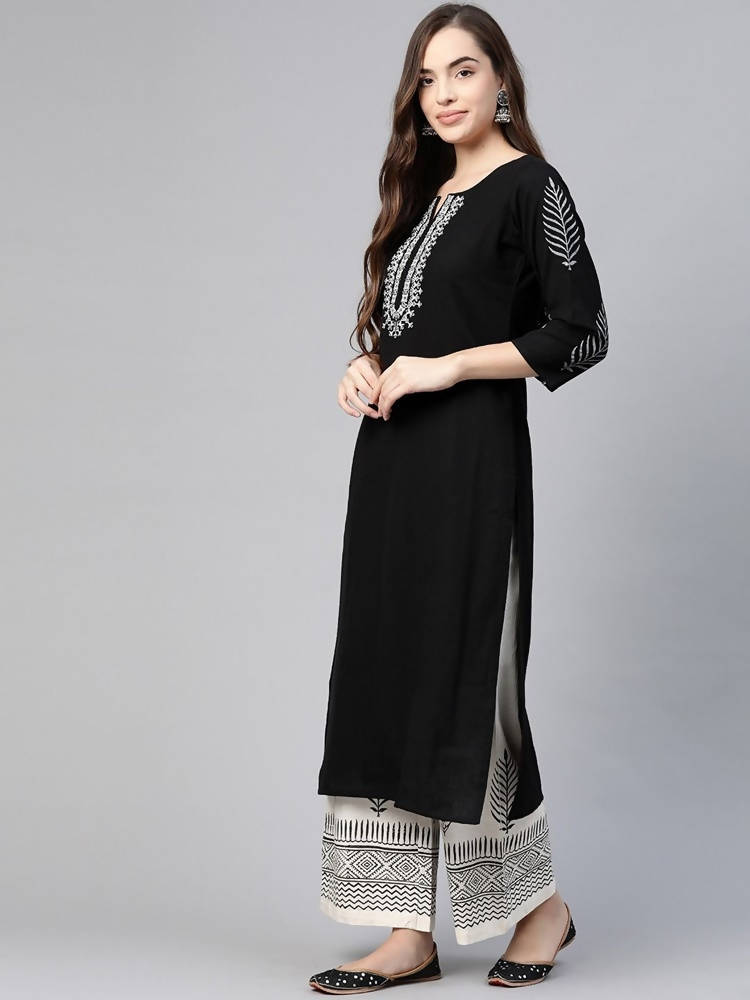 Yufta Women Black & White Yoke Design Thread Work Cotton Kurta with Palazzo & Dupatta | Grab2Buy