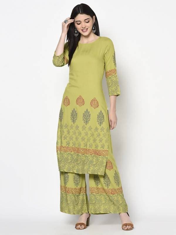 Aniyah Rayon Parrot Green Color Block Print Flared Slip-On Palazzo (AN-196K) | Grab2Buy
