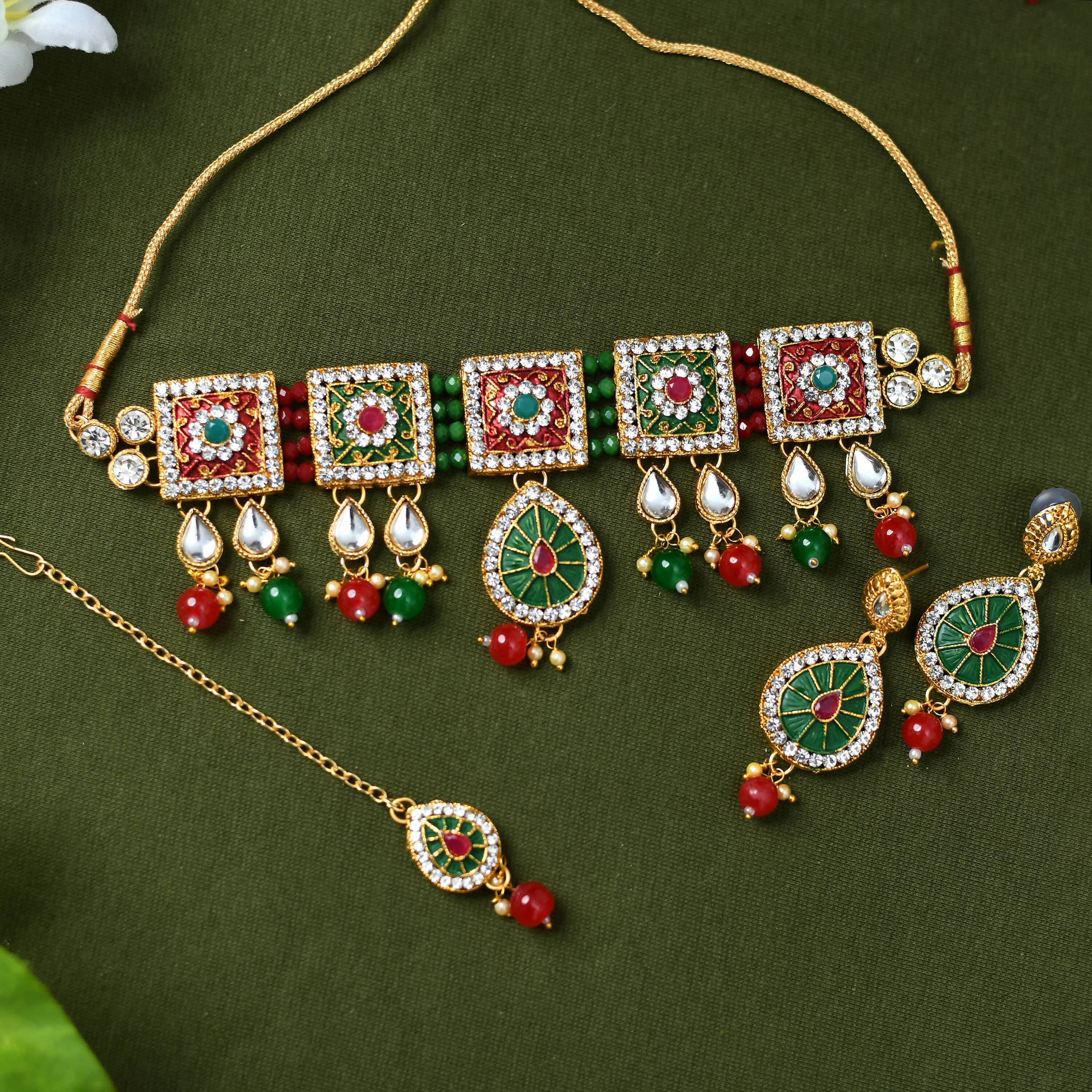 Mominos Fashion Johar Kamal Gold-Polished Brass Finish Meena & Pearls Work Choker For Women | Grab2Buy
