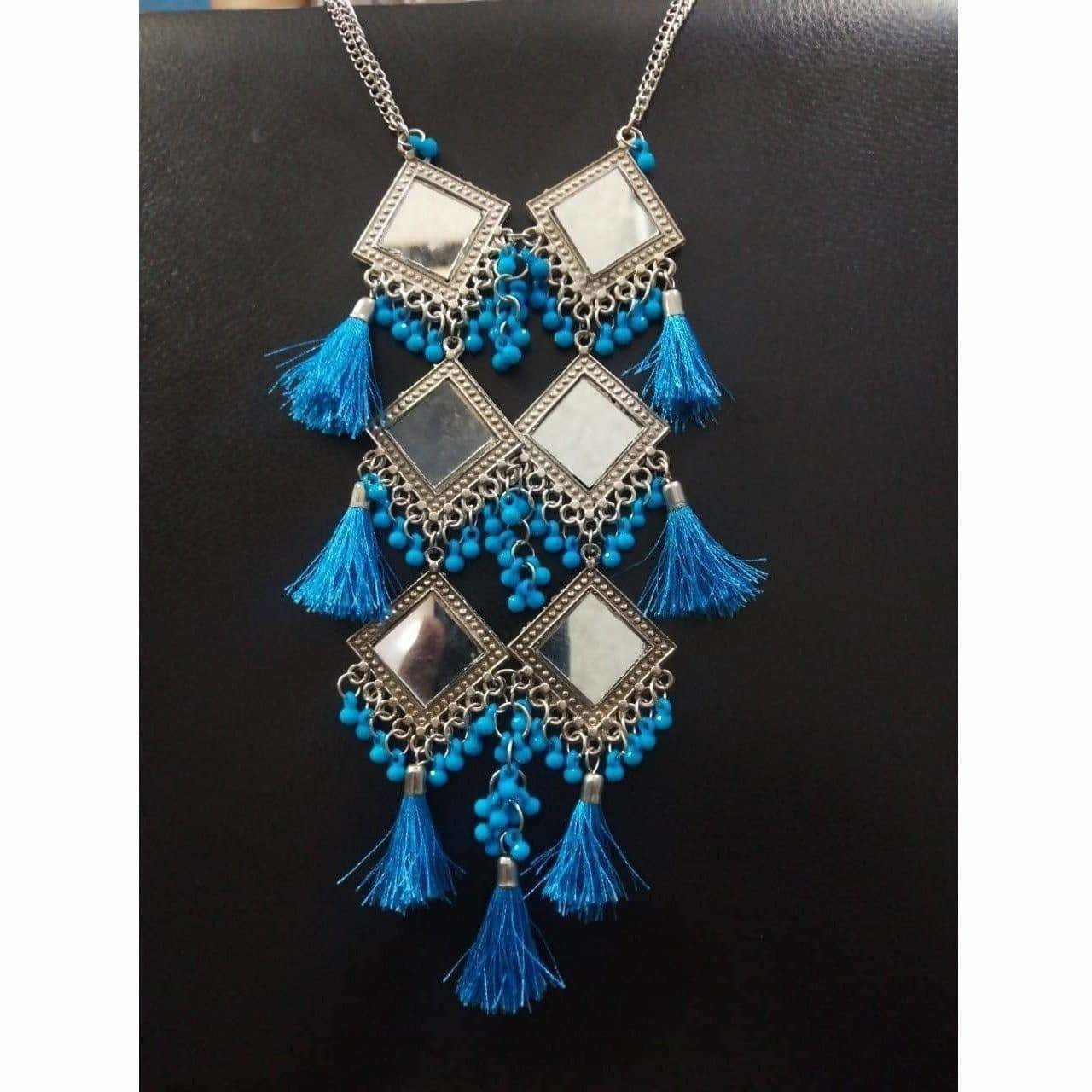 MS Fashion India Long Hanging Party wear Triple Mirror Design Blue Color Pearls And Silk Threads Earrings | Grab2Buy