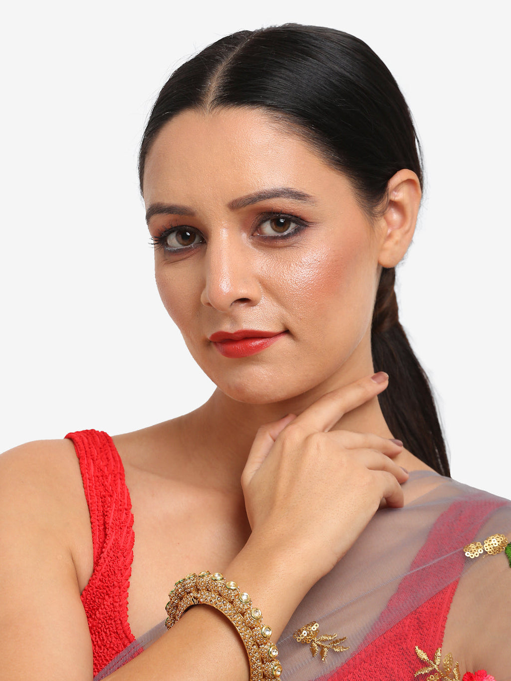 Gold-Polished White Pearl Studded Beaded Bangle - Ruby Raang | Grab2Buy