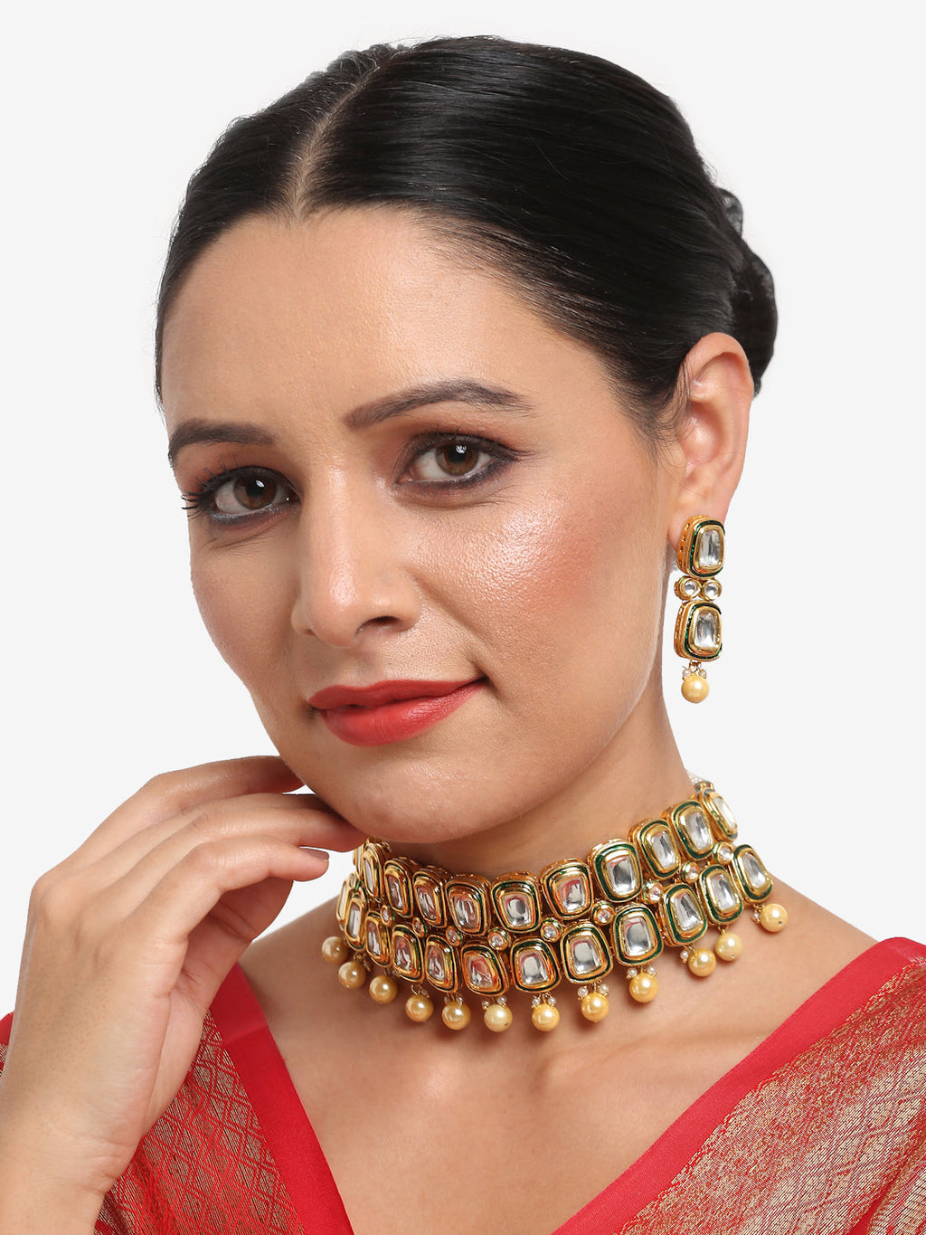 White Gold Toned Meenakari Kundan Choker With Earrings - Ruby Raang | Grab2Buy