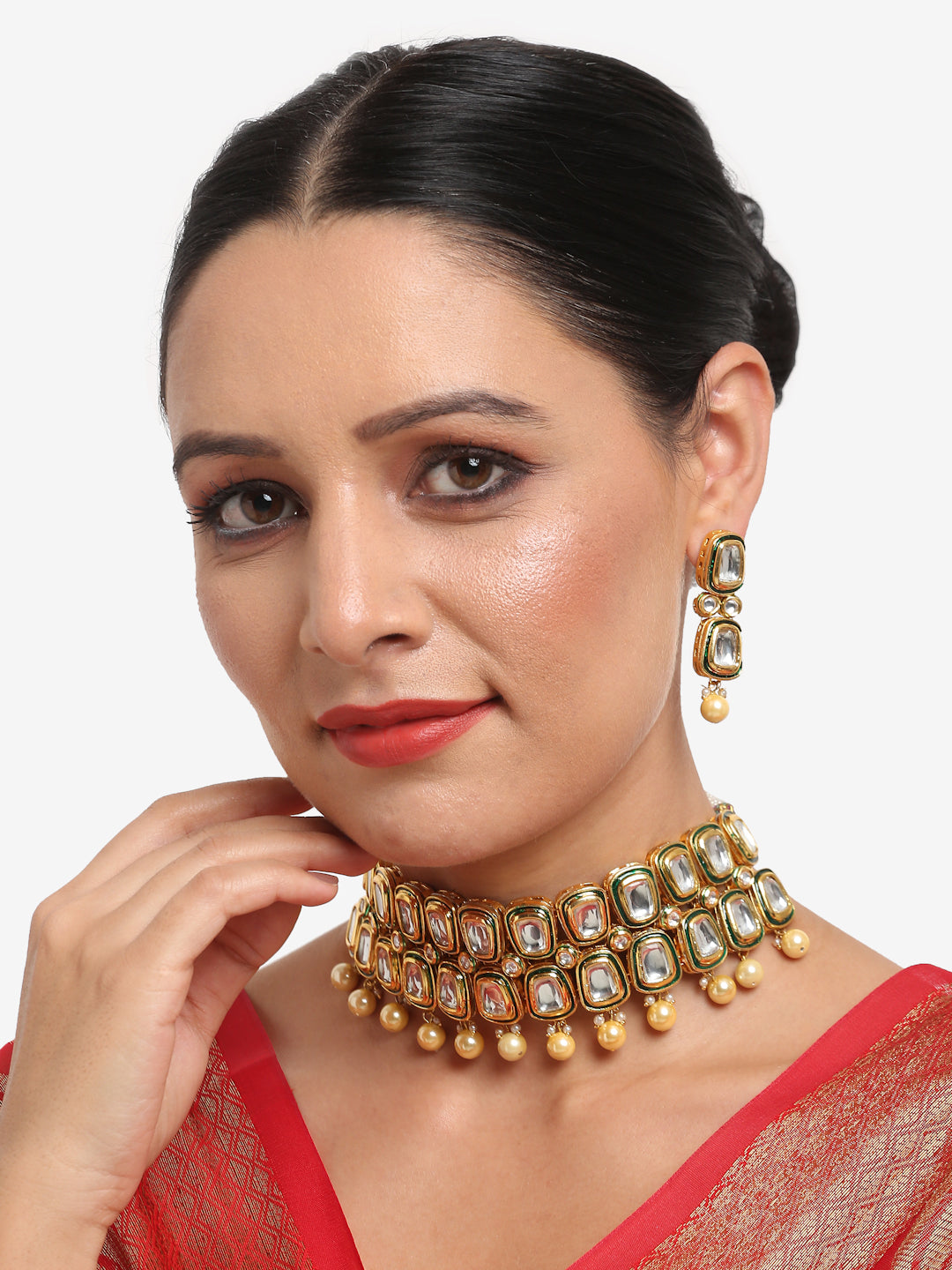 White Gold Toned Meenakari Kundan Choker With Earrings - Ruby Raang | Grab2Buy