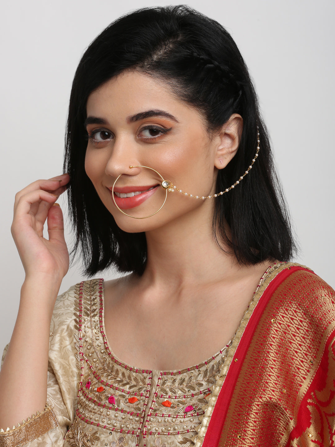 Gold-Polished Kundan Nose Ring - Ruby Raang | Grab2Buy