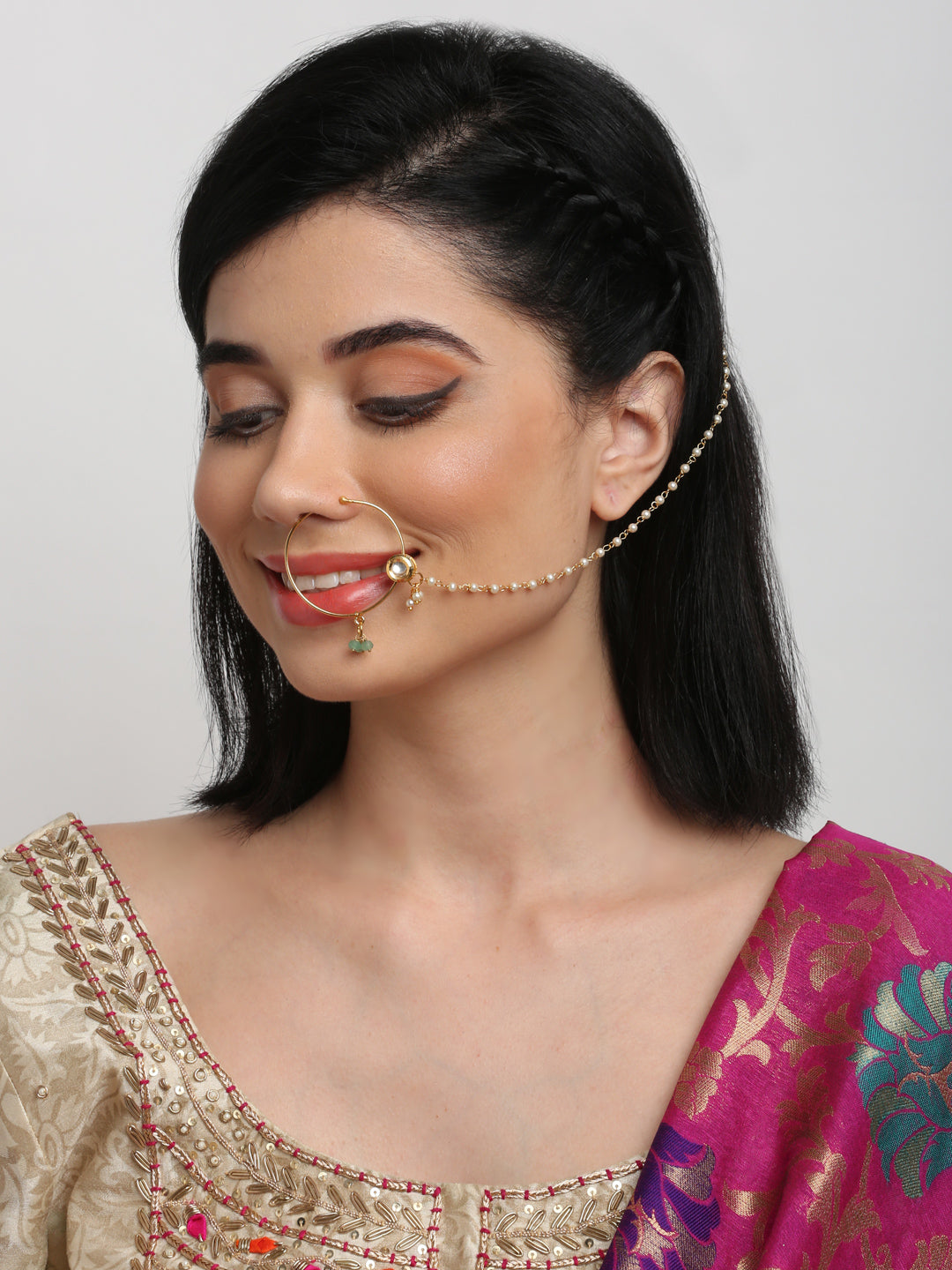 Gold-Polished Kundan Nose Ring - Ruby Raang | Grab2Buy