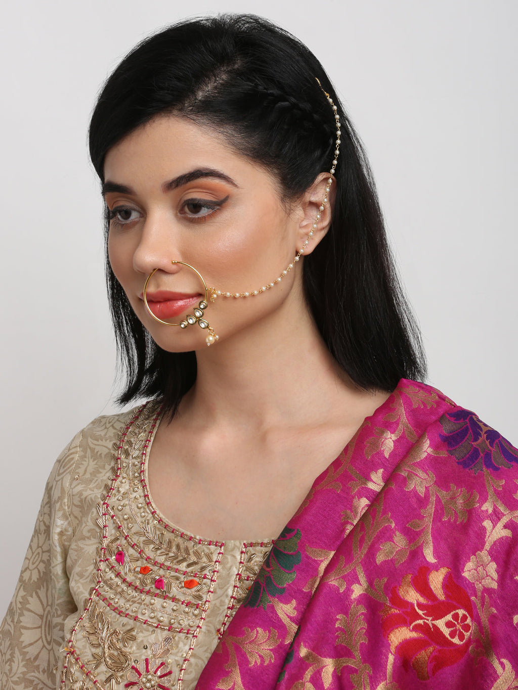 Gold-Polished Kundan Nose Ring - Ruby Raang | Grab2Buy