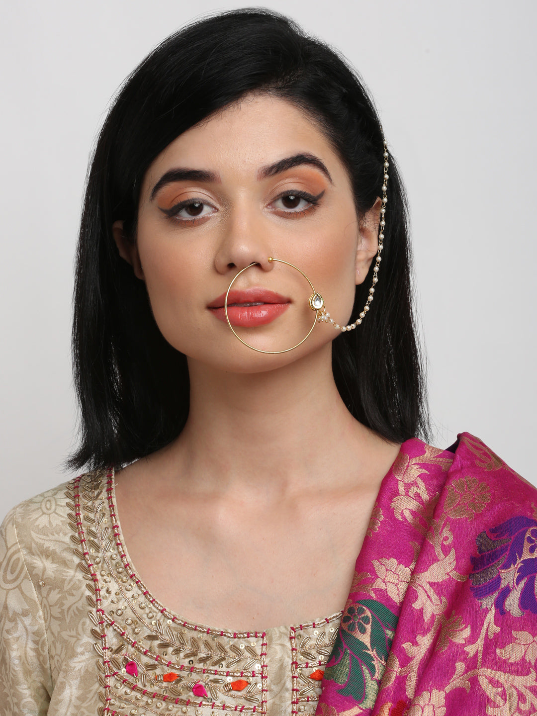 Gold-Polished Tear Drop Kundan Nose Ring - Ruby Raang | Grab2Buy
