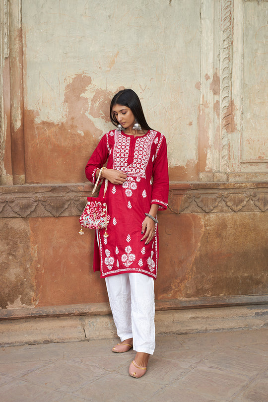 Rangreza Ethnic Alifa Cotton Kurta Maroon | Grab2Buy