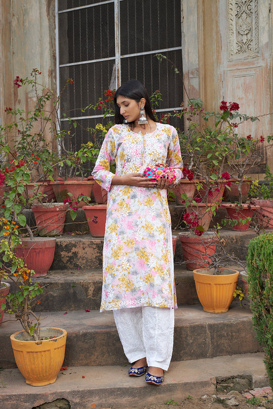 Rangreza Ethnic Leela Mulmul Chikankari Kurta Yellow | Grab2Buy