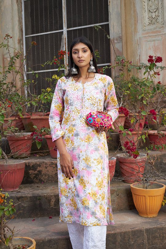 Rangreza Ethnic Leela Mulmul Chikankari Kurta Yellow | Grab2Buy