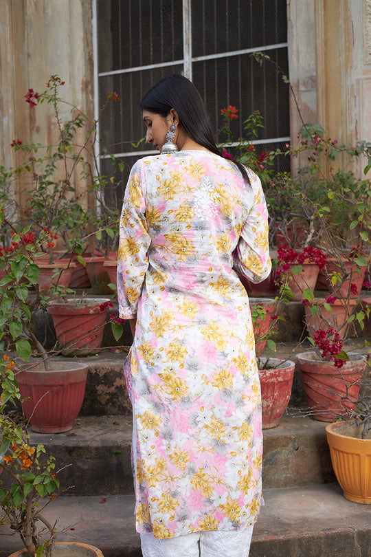 Rangreza Ethnic Leela Mulmul Chikankari Kurta Yellow | Grab2Buy